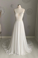 White V-Neck Chiffon Lace Long Prom Dress White Lace Formal Dress