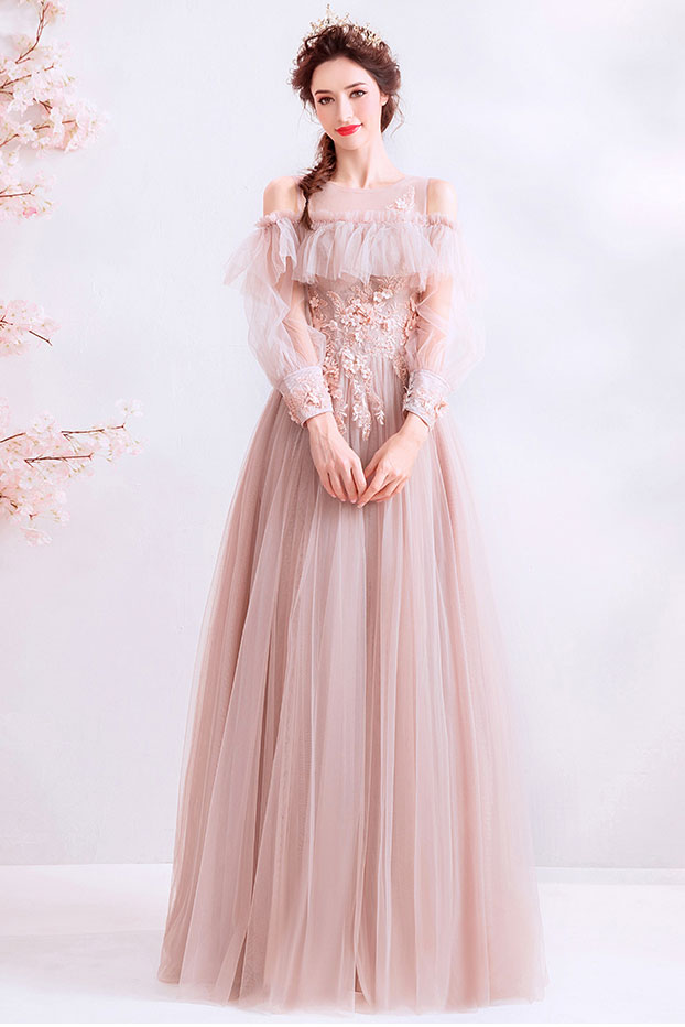 Pink Round Neck Tulle Lace Long Prom Dress Tulle Lace Evening Dress