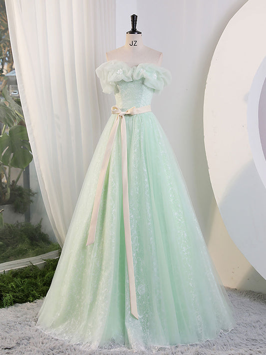 A-Line Off-Shoulder Green Long Prom Dress Green Sweet 16 Dress