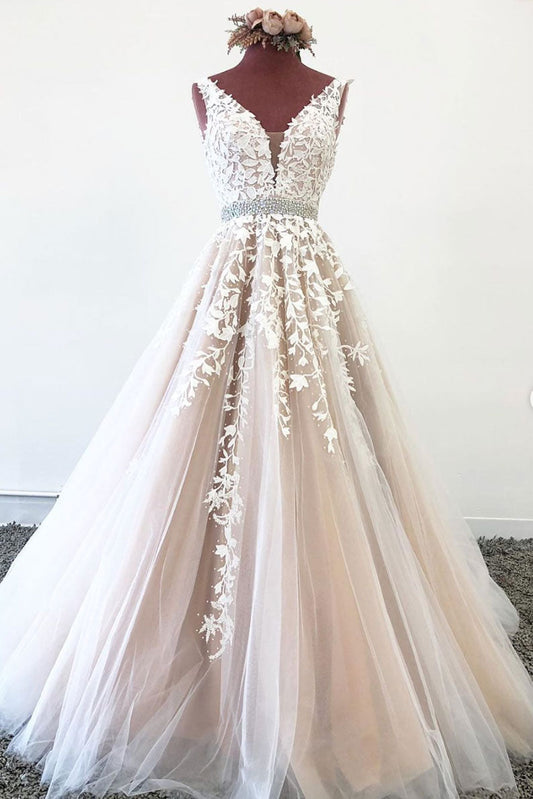 Champagne Tulle Lace V-Neck Long Prom Dress Tulle Formal Dress