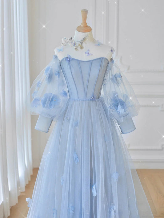 Blue Tulle Lace Long Prom Dress Blue Tulle Lace Evening Gown