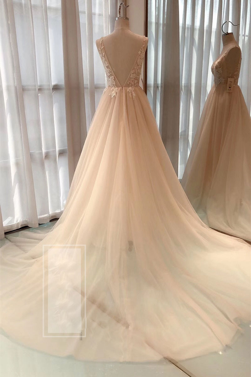 Champagne A-Line V-Neck Tulle Long Prom Dress Tulle Formal Dress