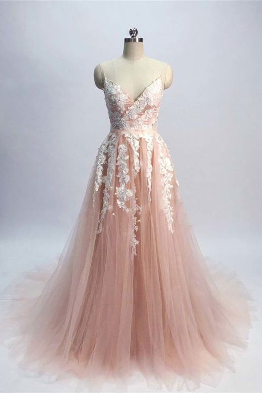 Pink Tulle Lace Long Prom Dress Tulle Formal Dress