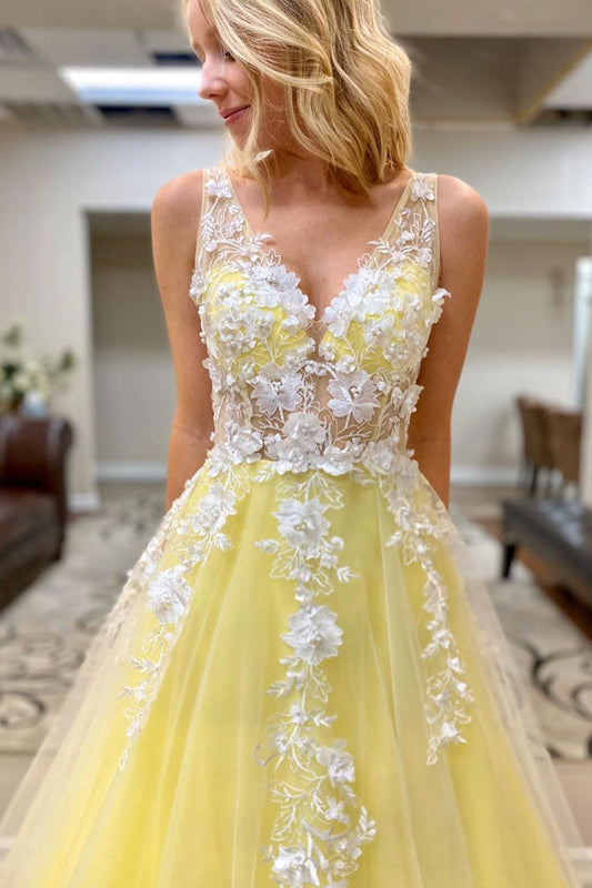 Yellow V-Neck Tulle Lace Long Prom Dress Yellow Formal Dress