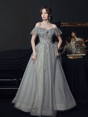 Gray Tulle Off-Shoulder Long Prom Dress Gray Tulle Formal Dress