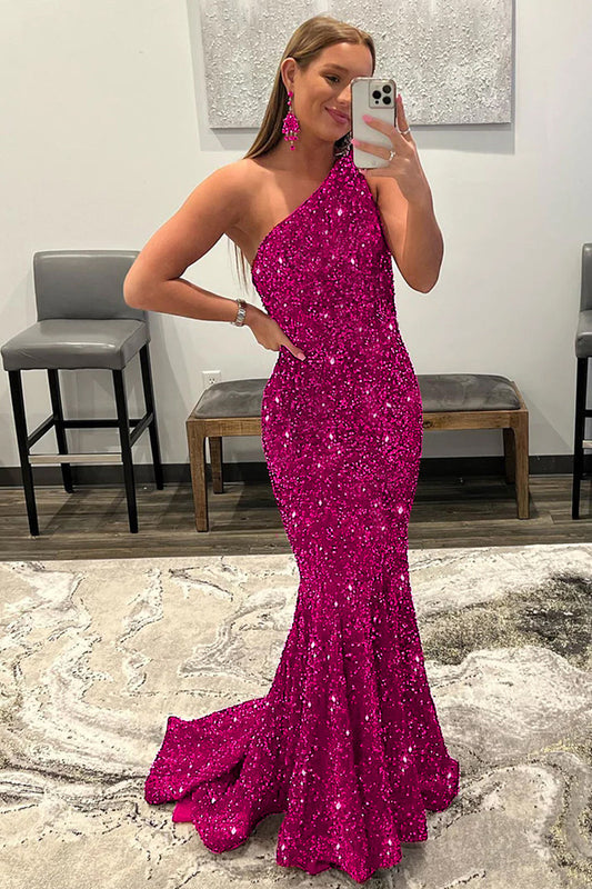 Sparkly Hot Pink Mermaid Sequins Long Prom Dress