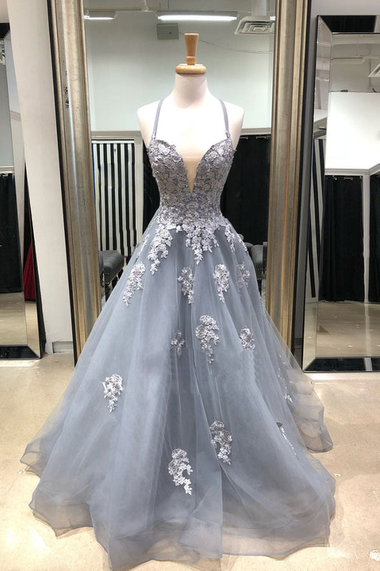 Gray Tulle Lace Long Prom Dress Gray Lace Tulle Evening Dress