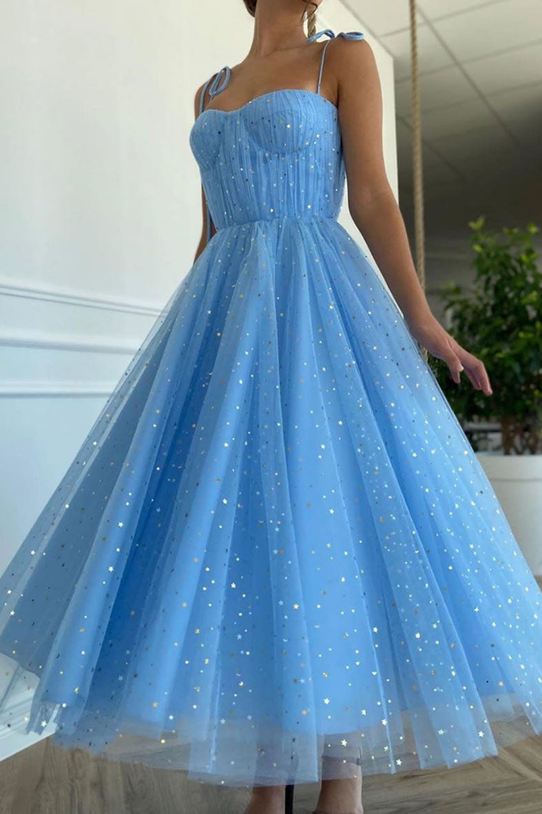 Blue Sweetheart Tulle Tea-Length Prom Dress Blue Tulle Formal Dress