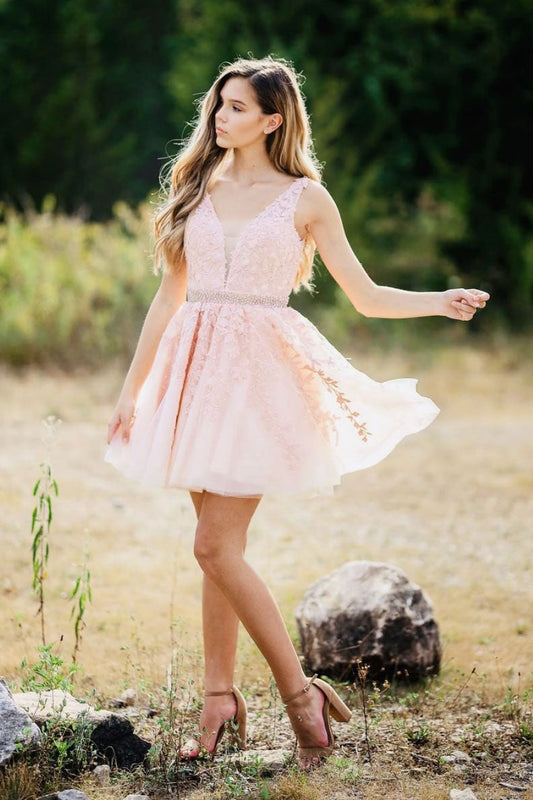 Pink V-Neck Tulle Lace Short Prom Dress Pink Lace Homecoming Dress