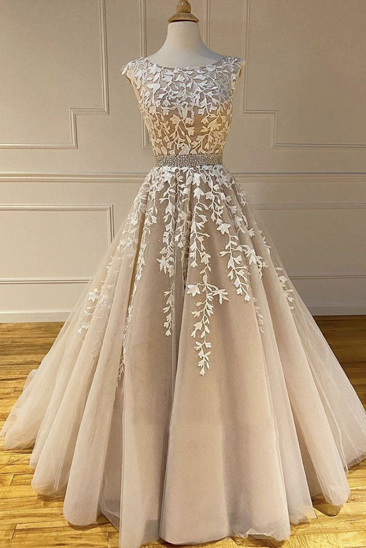 Champagne Round Neck Tulle Lace Long Prom Dress Lace Formal Dress