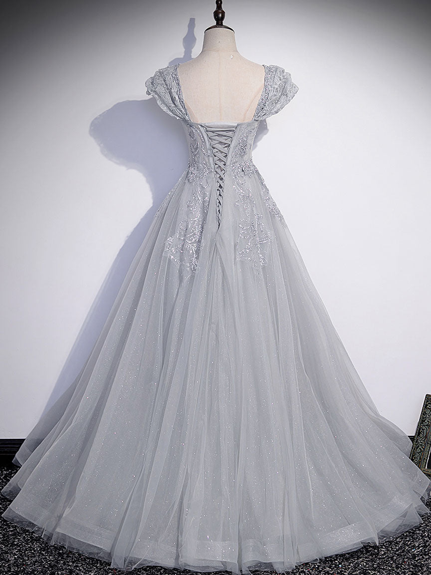 A-Line Gray Tulle Sequin Long Prom Dress Gray Formal Evening Dress