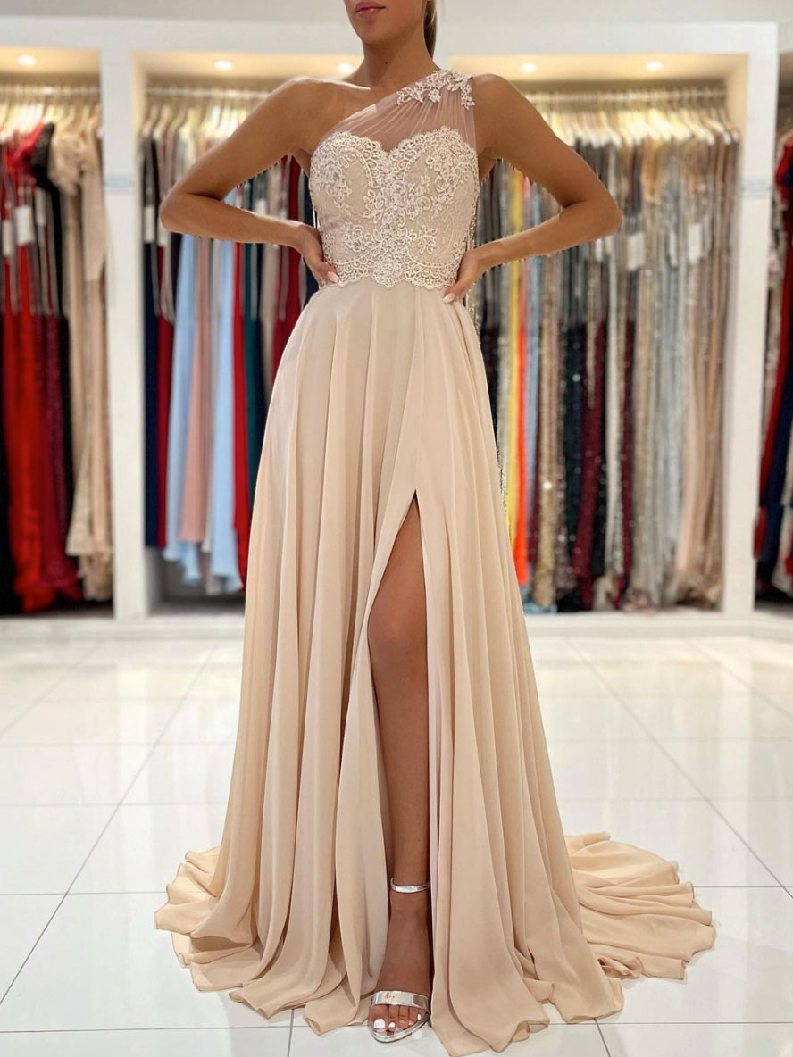 Champagne Chiffon Lace One-Shoulder Long Prom Dress Lace Evening Dress