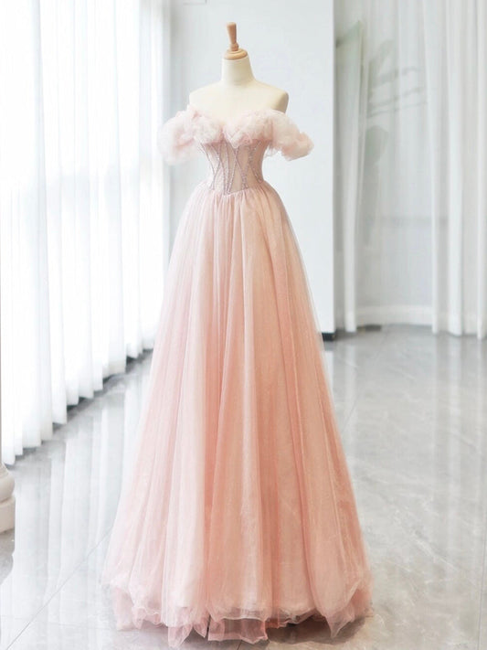 A-Line Sweetheart Neck Off-Shoulder Tulle Pink Long Prom Dress Pink Long Formal Dress