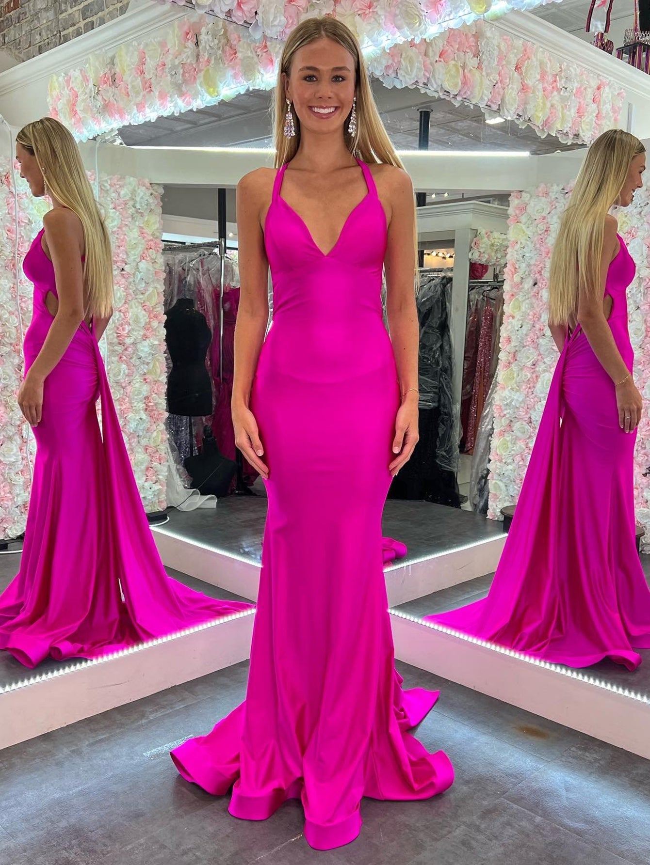 Angela Dressystars Mermaid Girly Pink Sexy V Neck Backless Satin Long Prom Dress