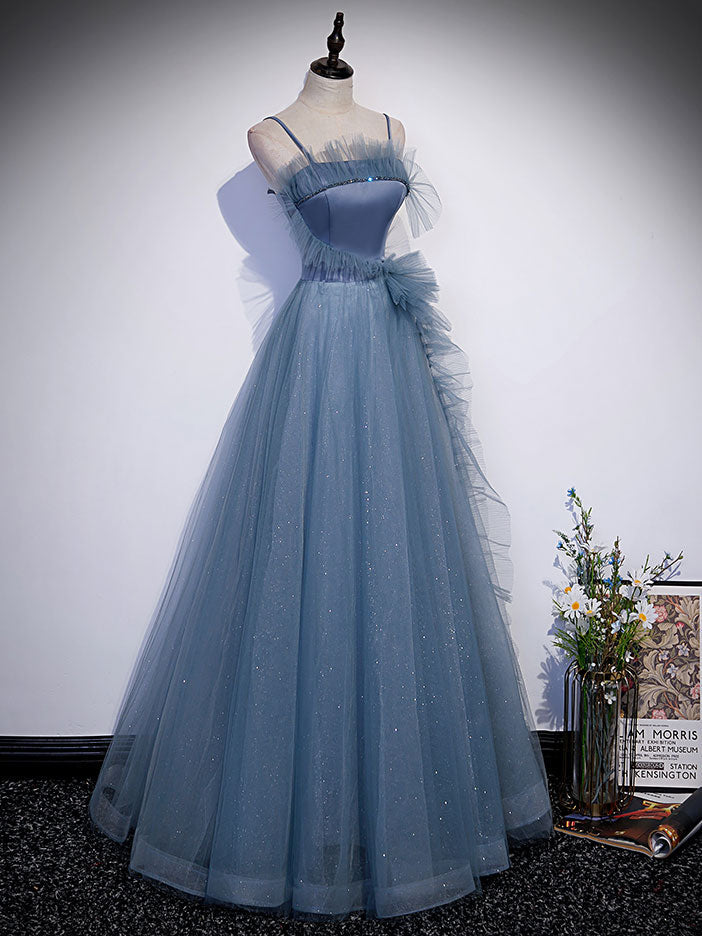 Gray Blue Tulle Long Prom Dress Gray Blue A-Line Evening Dress