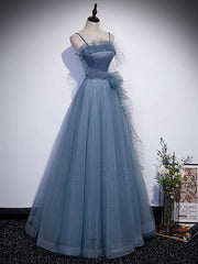 Gray Blue Tulle Long Prom Dress Gray Blue A-Line Evening Dress