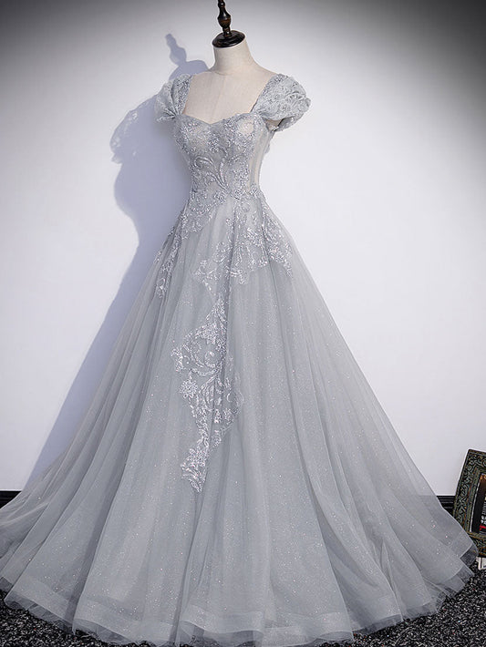 A-Line Gray Tulle Sequin Long Prom Dress Gray Formal Evening Dress