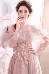 Pink Round Neck Tulle Lace Long Prom Dress Tulle Lace Evening Dress