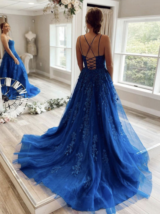 Blue Round Neck Tulle Lace Long Prom Dress Blue Lace Evening Gown