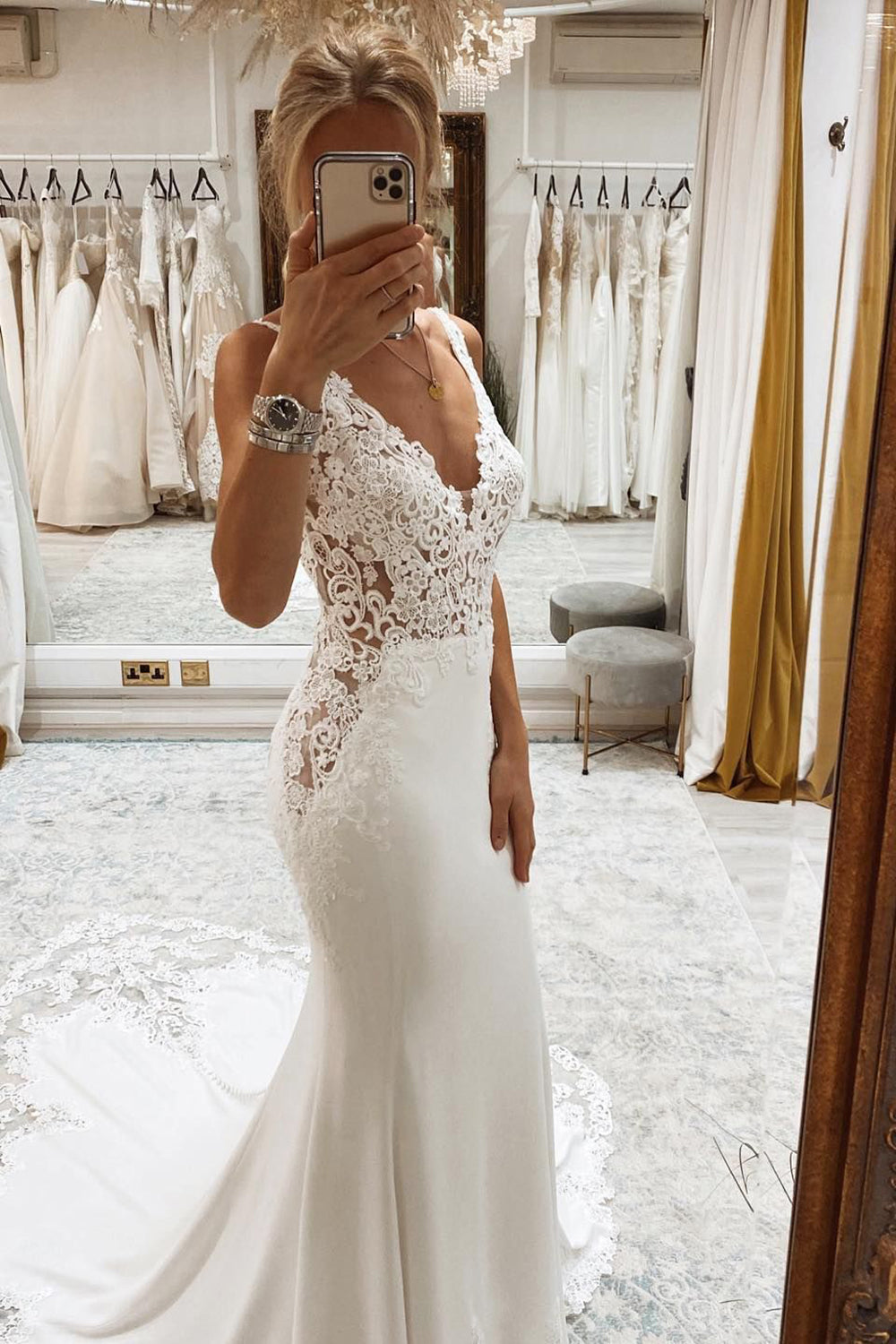 Beautiful Mermaid White Deep V-Neck Long Wedding Dress with Lace