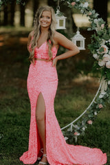 Two Piece Orange Sequins Mermaid Prom Dress with Slit