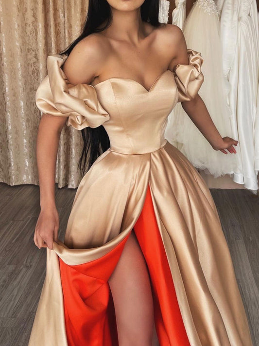 Champagne Sweetheart Neck Satin Long Prom Dress Unique Evening Dress