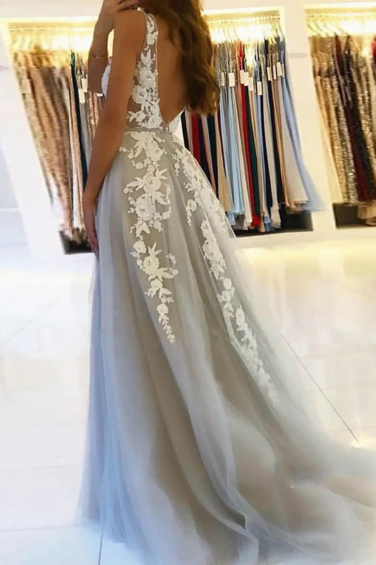 Graceful Grey Tulle A-Line V-Neck Wedding Dress with Appliques