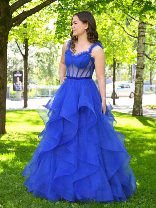 Royal Blue Sweetheart Neck Tulle Long Prom Dress Blue Formal Dress