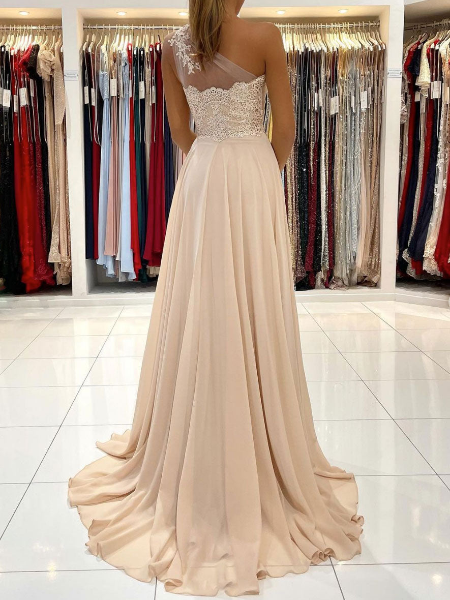 Champagne Chiffon Lace One-Shoulder Long Prom Dress Lace Evening Dress