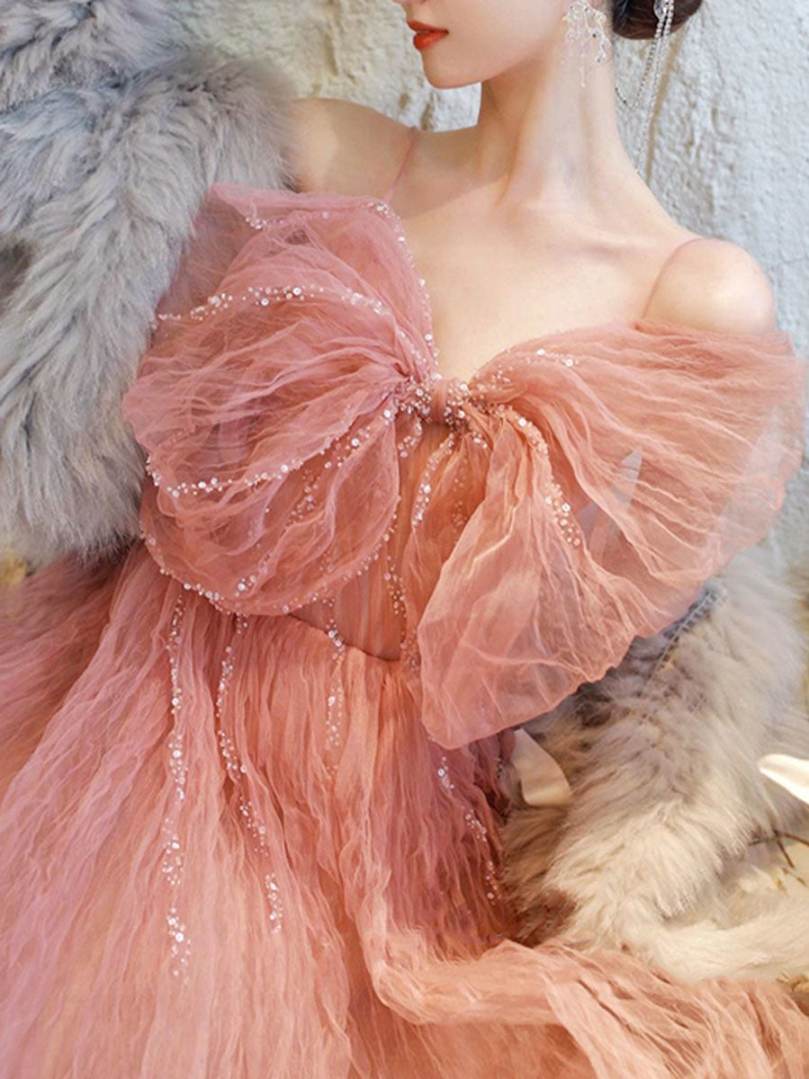 Pink Tulle Sequin Long Prom Dress Pink Tulle Formal Dress