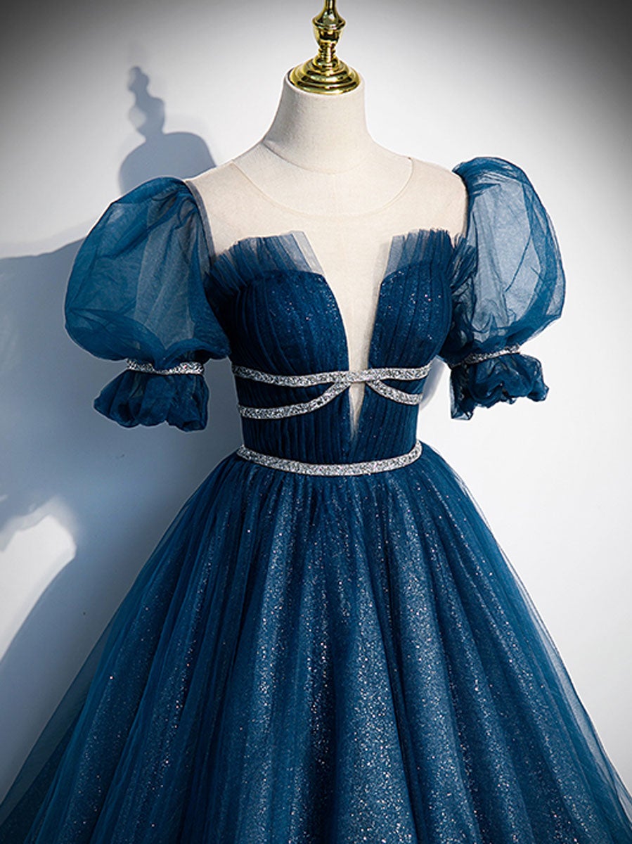 Blue Tulle Sequin Long Prom Dress Blue Tulle Formal Dress