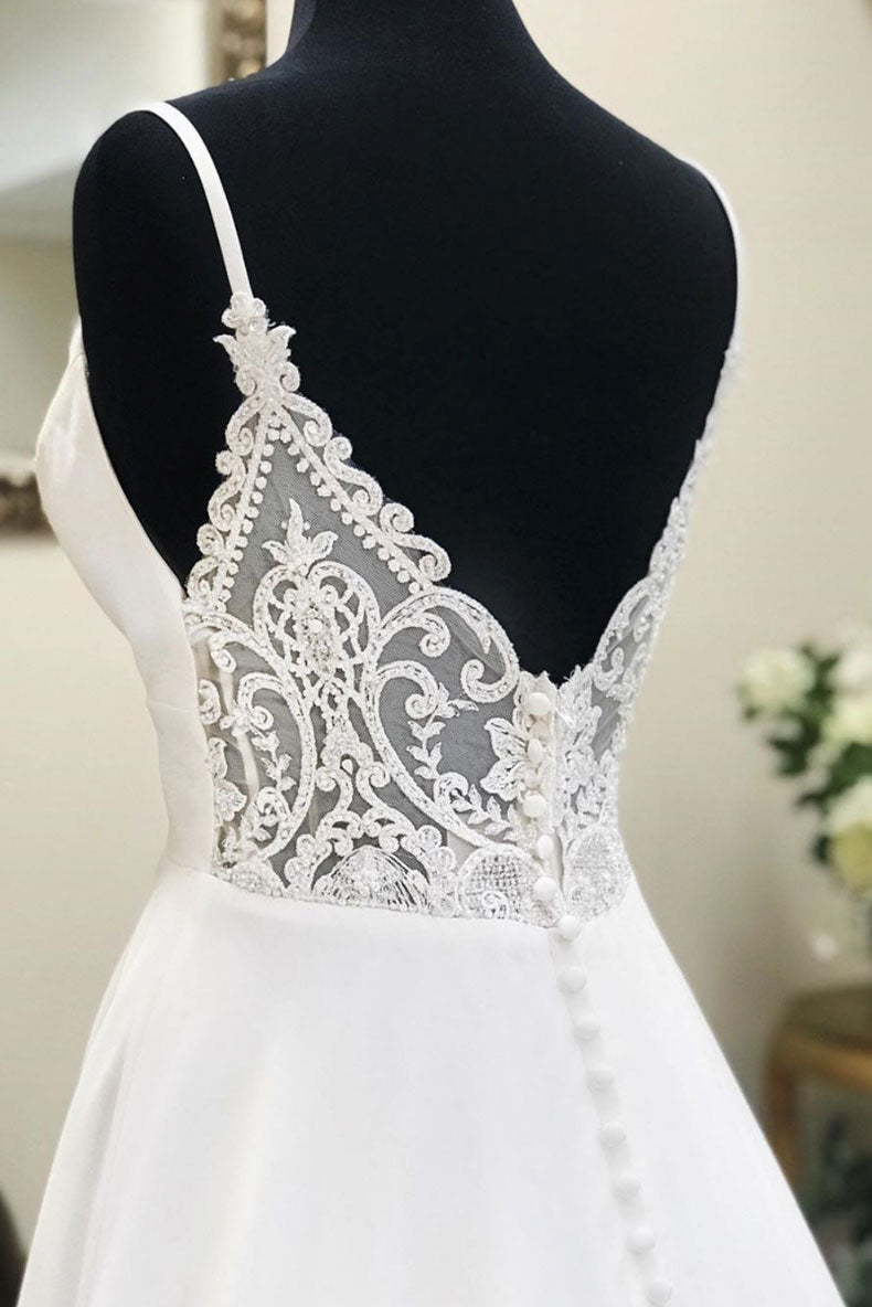 White V-Neck Chiffon Long Prom Dress White Lace Evening Dress