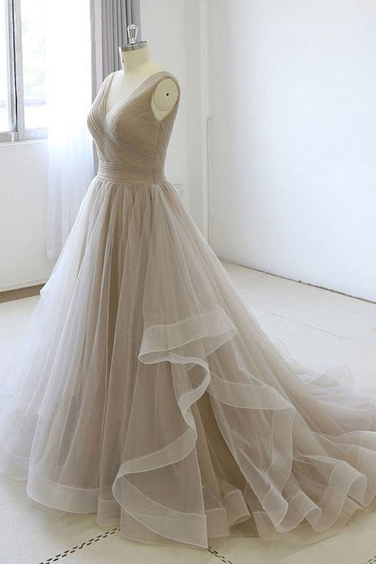 Simple V-Neck Tulle Light Gray Long Prom Dress Tulle Formal Dress