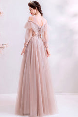 Pink Round Neck Tulle Lace Long Prom Dress Tulle Lace Evening Dress