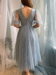 A-Line Tea Length Gray Blue Prom Dress Gray Blue Formal Wedding Party Dress