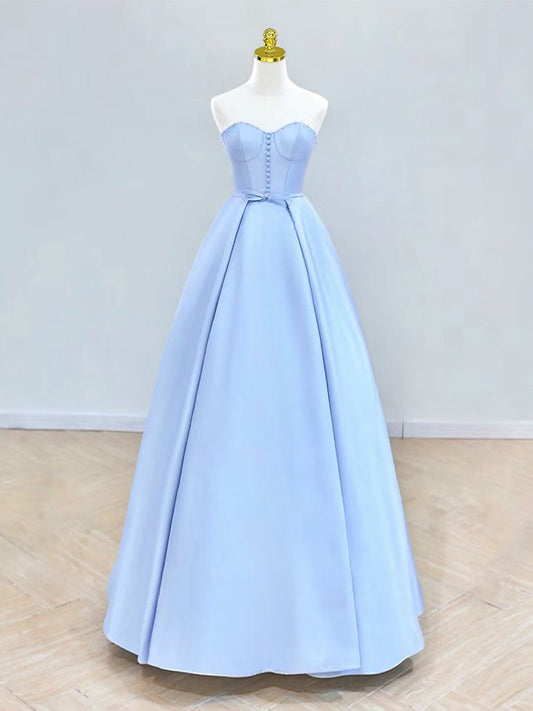 A-Line Sweetheart Neck Satin Blue Long Prom Dress Blue Long Formal Dress