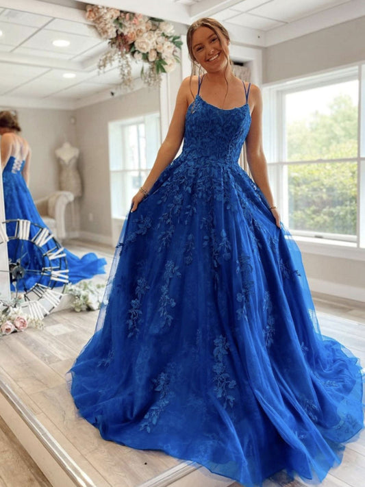 Blue Round Neck Tulle Lace Long Prom Dress Blue Lace Evening Gown