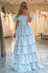 Light Blue A Line Long Tiered Corset Prom Dress