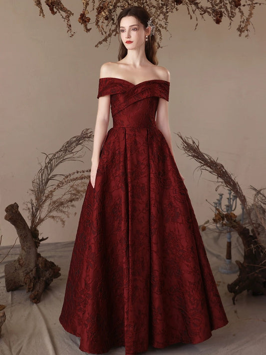 A-Line Off-Shoulder Satin Burgundy Long Prom Dress Burgundy Long Evening Dress