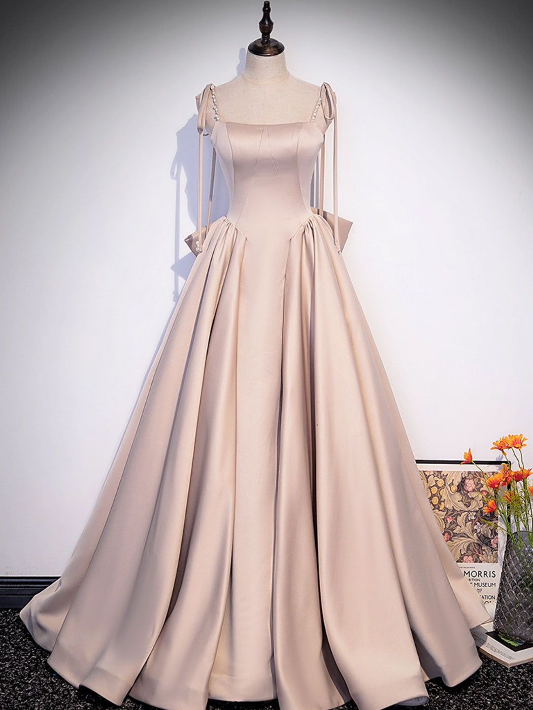 Champagne A-Line Satin Long Prom Dress Champagne Formal Evening Dress