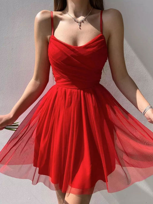 Simple Red Short Prom Dress Red Tulle Formal Party Dress