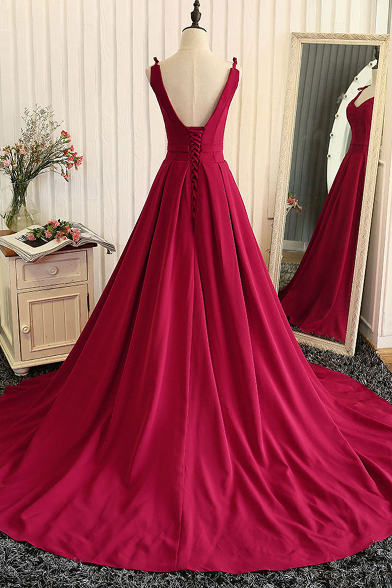 Red V-Neck Satin Long Prom Dress Red Evening Dress