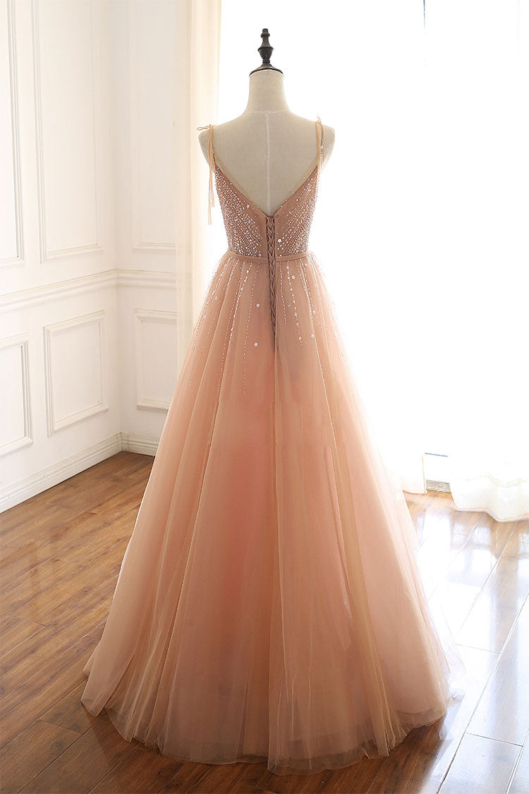 Champagne Tulle Beaded Sequin Long Prom Dress Evening Dress