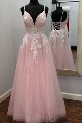 Pink V-Neck Tulle Lace Long Prom Dress Pink Tulle Evening Gown