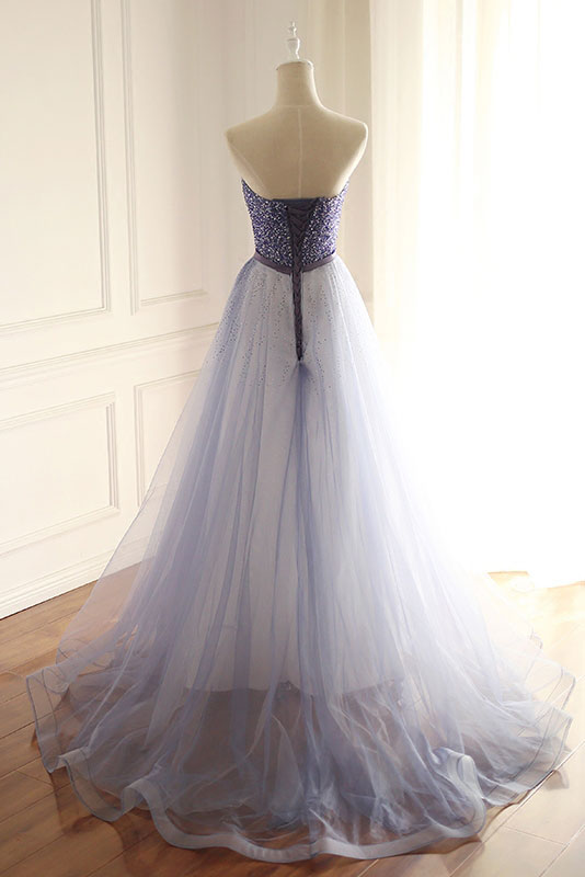 Blue Sweetheart Tulle Beaded Long Prom Dress Blue Evening Dress