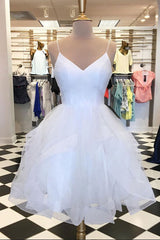 White V-Neck Tulle Short Prom Dress White Homecoming Dress