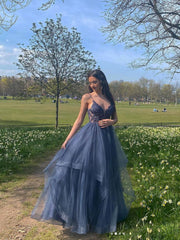 Gray Blue V-Neck Tulle Lace Long Prom Dress Blue Formal Dress