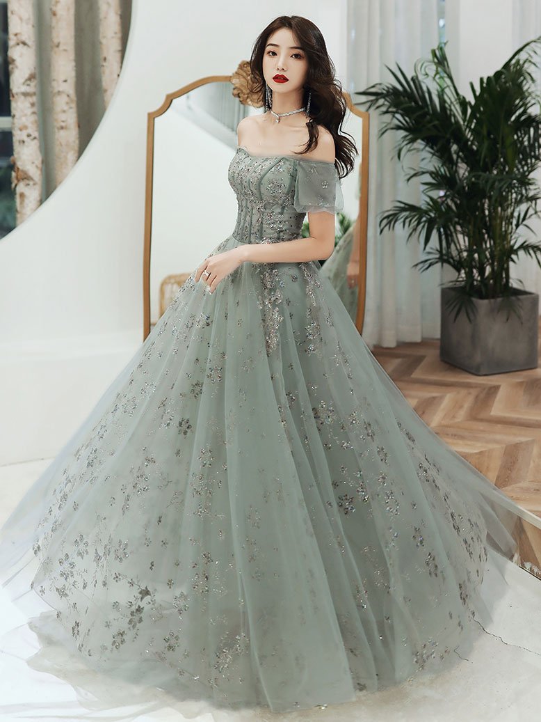 Gray Tulle Lace Long Prom Dress Gray Tulle Long Evening Dress