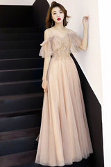 Champagne Sweetheart Tulle Lace Long Prom Dress Champagne Lace Formal Dress