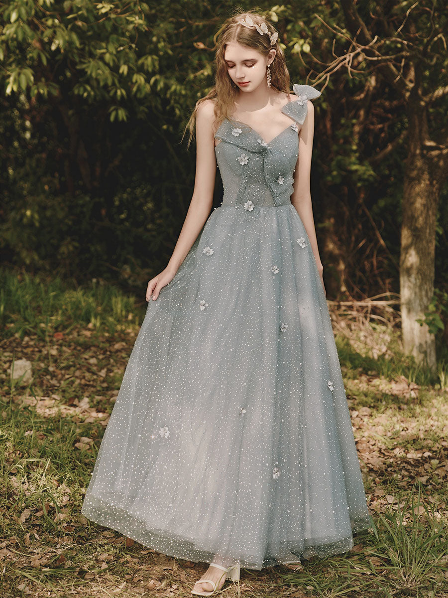 Gray Tulle Sequin Tea-Length Prom Dress Gray Evening Dress